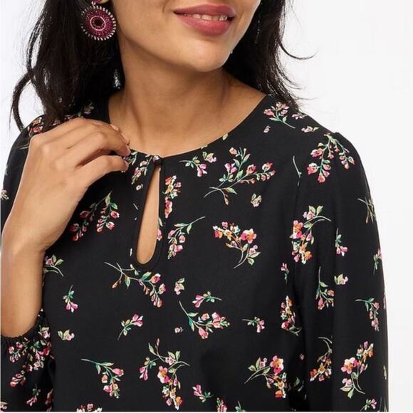J. Crew Black Pink Floral Keyhole Top Long Sleeve Blouse Size Small - Picture 1 of 12